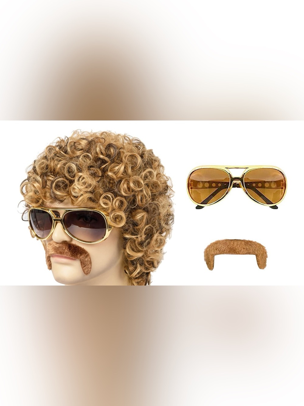70s Disco Afro Wig Curly Sunglasses Mustache Comb Halloween Cosplay Synthetic